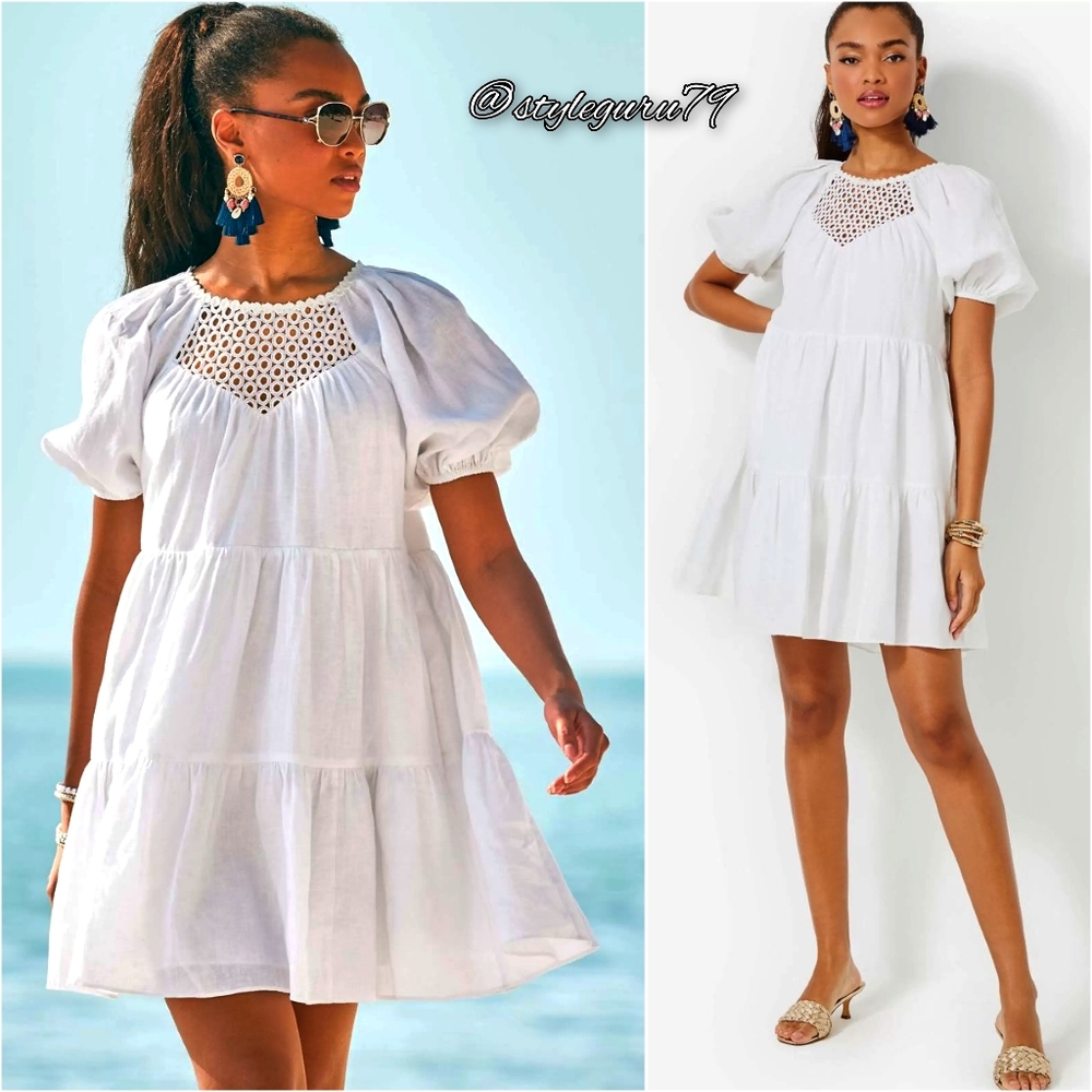 NWT, Lilly Pulitzer, Charlet Short Sleeve Linen Dress in Resort White